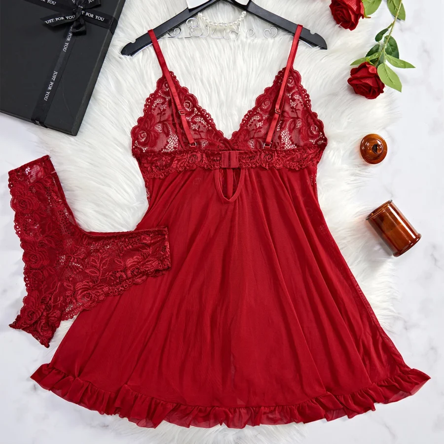 Red Sling Transparent Sexy Lingerie Women's Underwear See-through Sleepwear Lace Nightdress And Panty Pijamas Sets Female Santa - Image 2